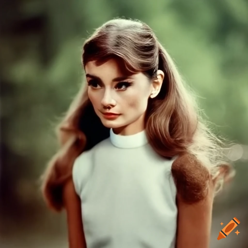 Audrey hepburn with long hair outdoors in color on Craiyon
