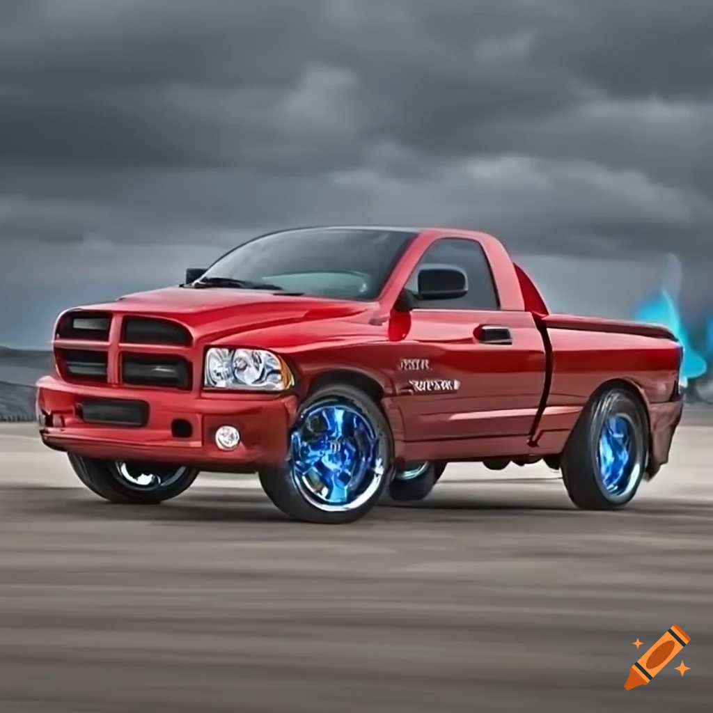 2004 dodge ram srt-10, in red color, with blue flames, g1 optimus