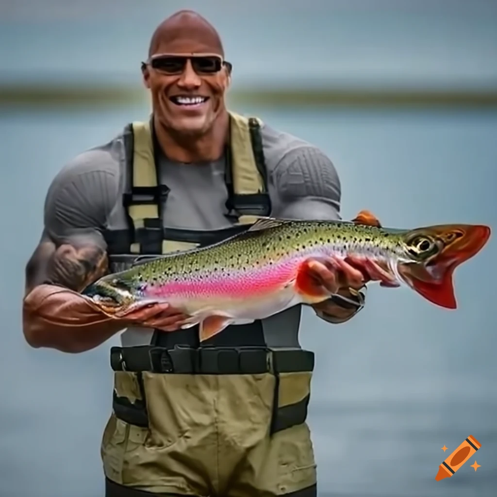 Dwayne the rock johnson wearing simms chest waders holding a rainbow trout  on Craiyon