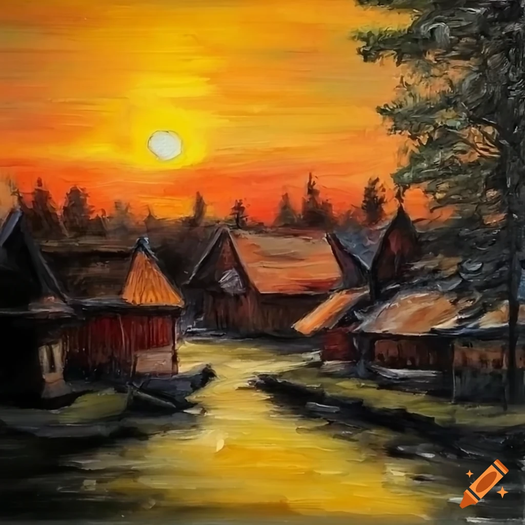 Sunset village nature drawing painting