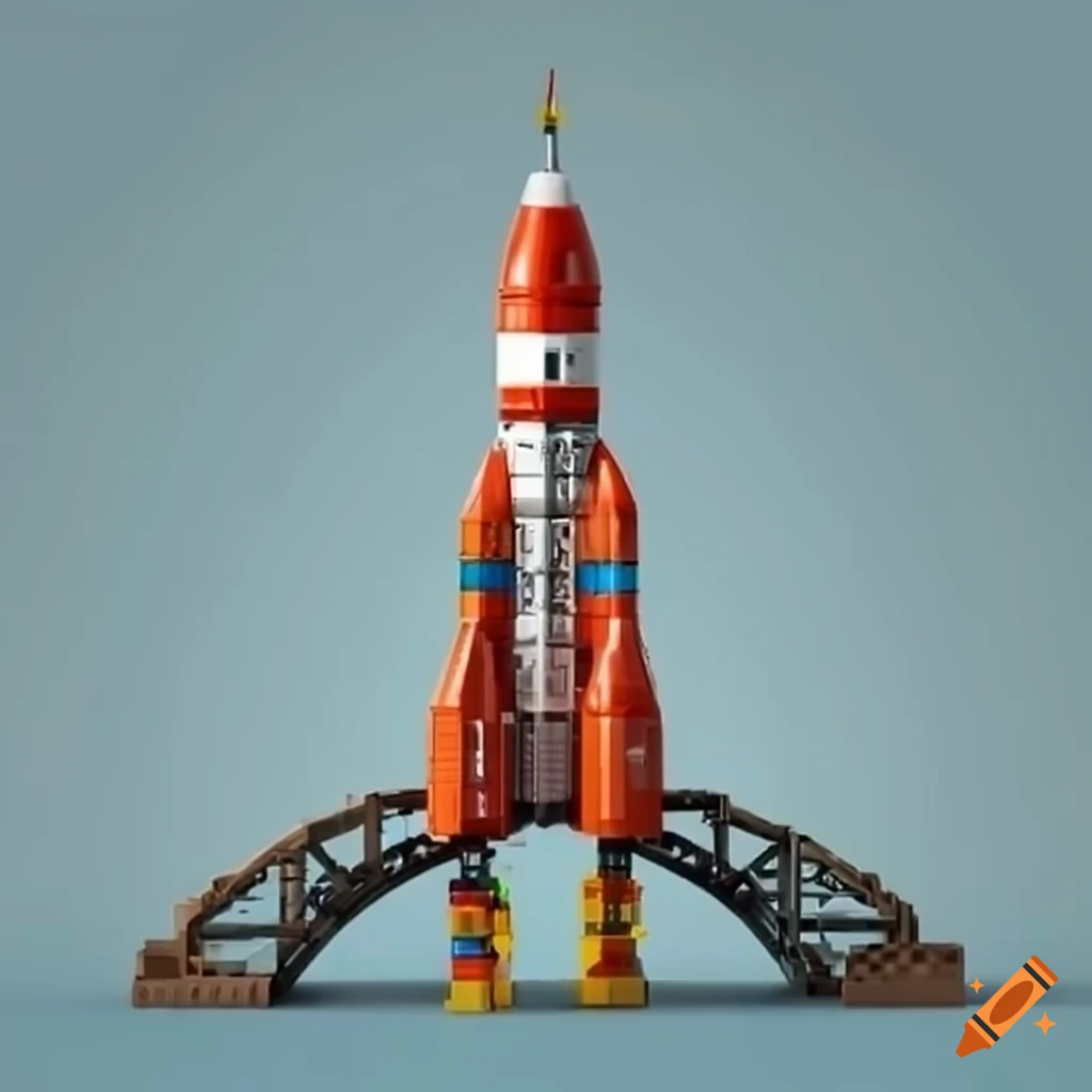A modern lego rocket in a poor and old lego bridge on Craiyon