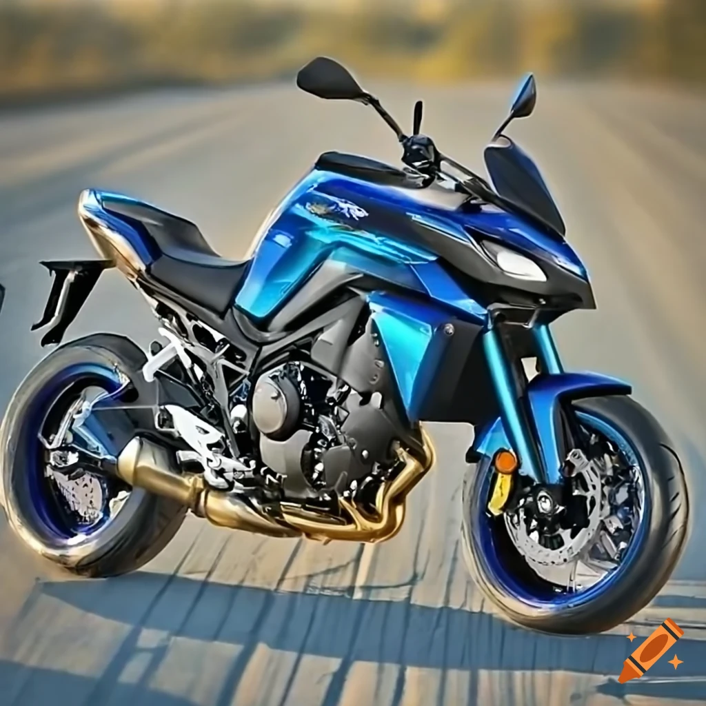 Blue and gold yamaha tracer 900gt motorcycle, sunny day