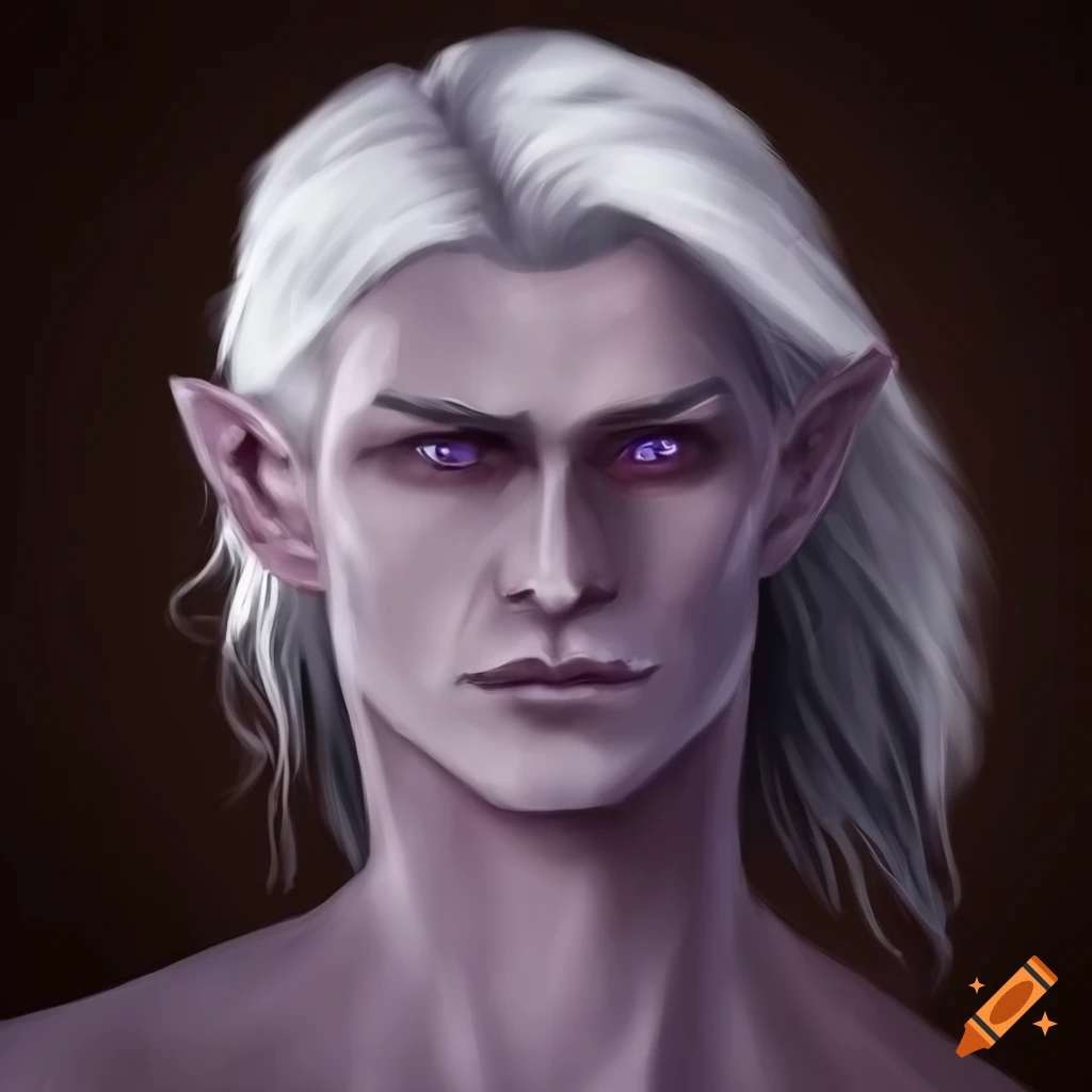 Handsome Half Drow Half Human Male With Obsidian Skin White Hair And Violet Eyes Realistic 0614