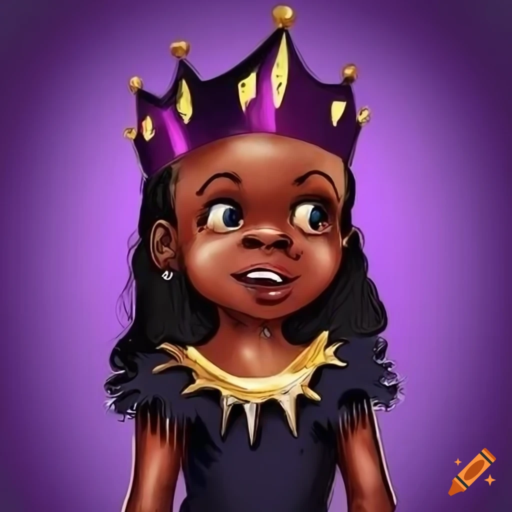 Funny black child princess with a crooked crown, comic style