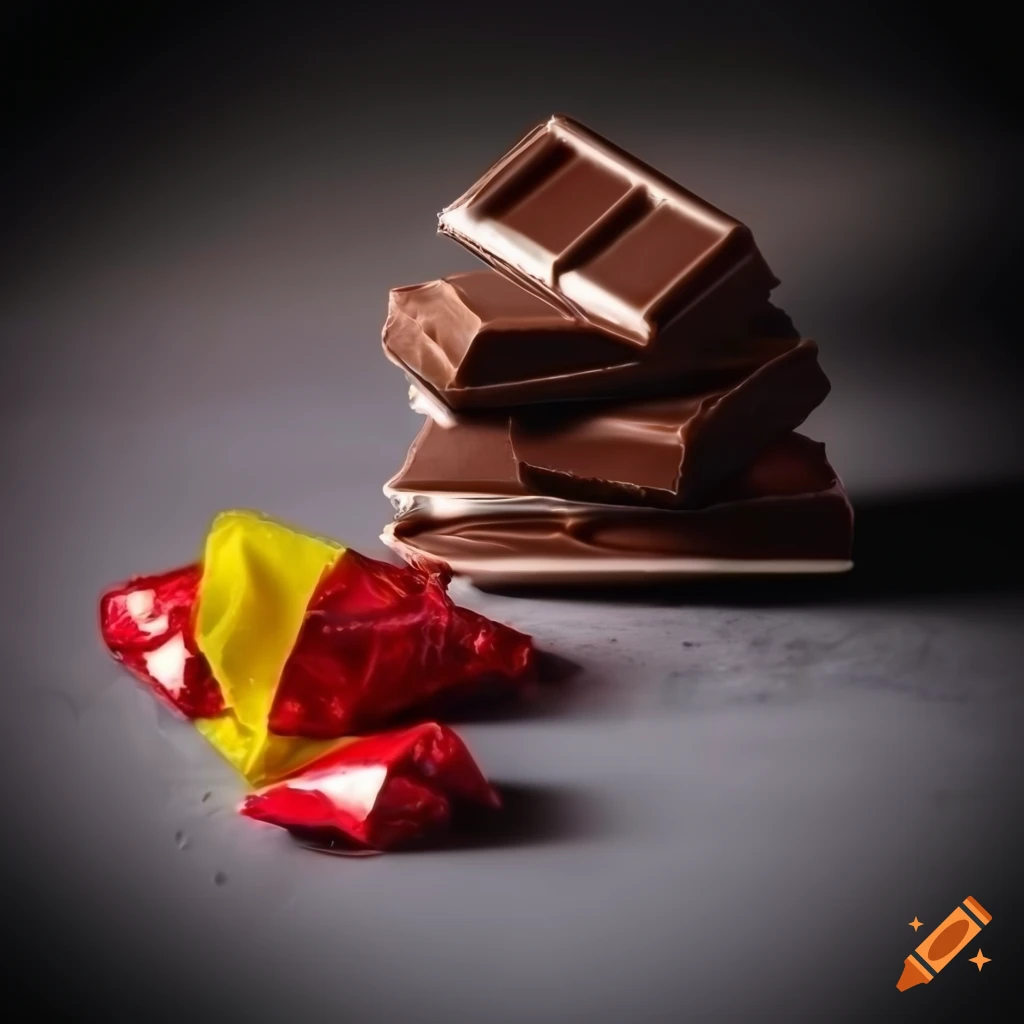 Still life of a chocolate bar covered with a yellow and red candy