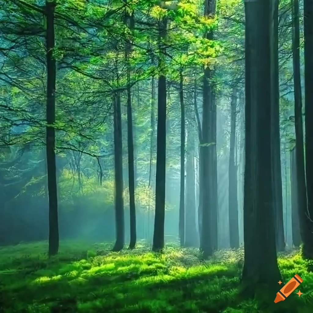 Sunlight filtering through lush forest trees