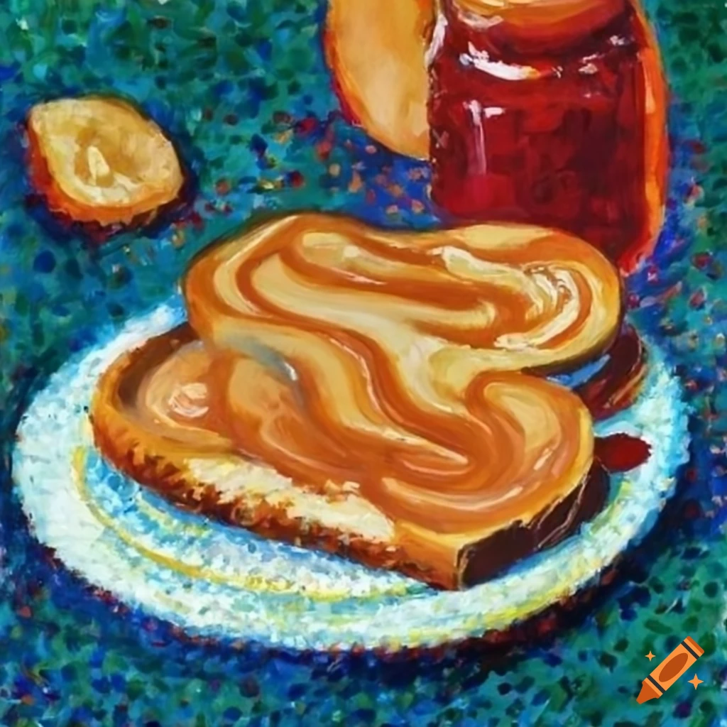 Painting of peanut butter and jam on toast in seurat's pointillism