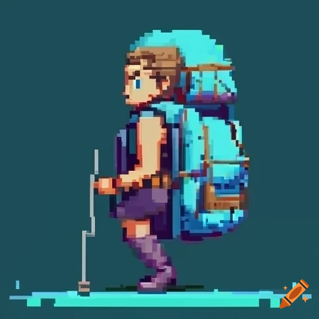 Detailed 3d pixel art of a brown backpack filled with a few swords. around  the backpack there is a shield, a helmet and some gold coins. the  background is plain gray