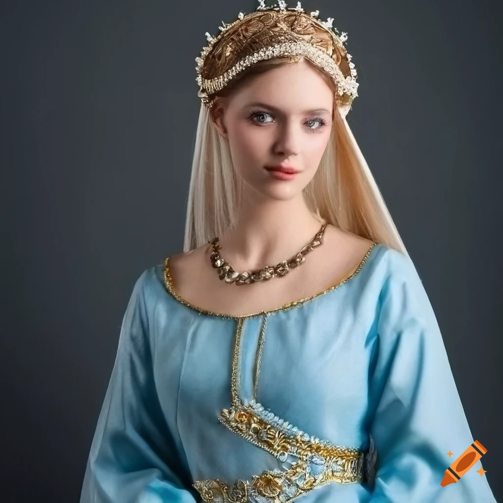 Medieval Lady, Blonde, Blue Eyes, Even Face, Light Blue Dress, Jewelry, Hair in bun, Detailed Dress, Bird Embroidery on Craiyon Medieval Lady, Blonde, Blue Eyes, Even Face, Light Blue Dress, Jewelry, Hair in bun, Detailed Dress, Bird Embroidery on Craiyon
