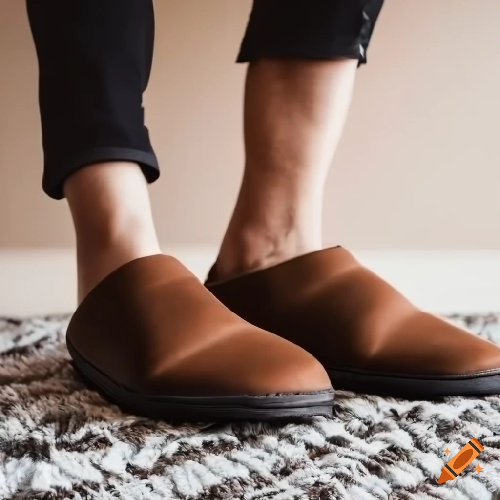 The legs of a young man wearing black jako trousers and brown slippers with hard soles while standing on soft blanket in living room on Craiyon
