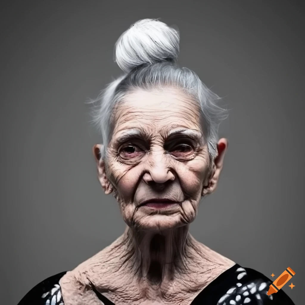 Old woman in black and white wearing hair bun