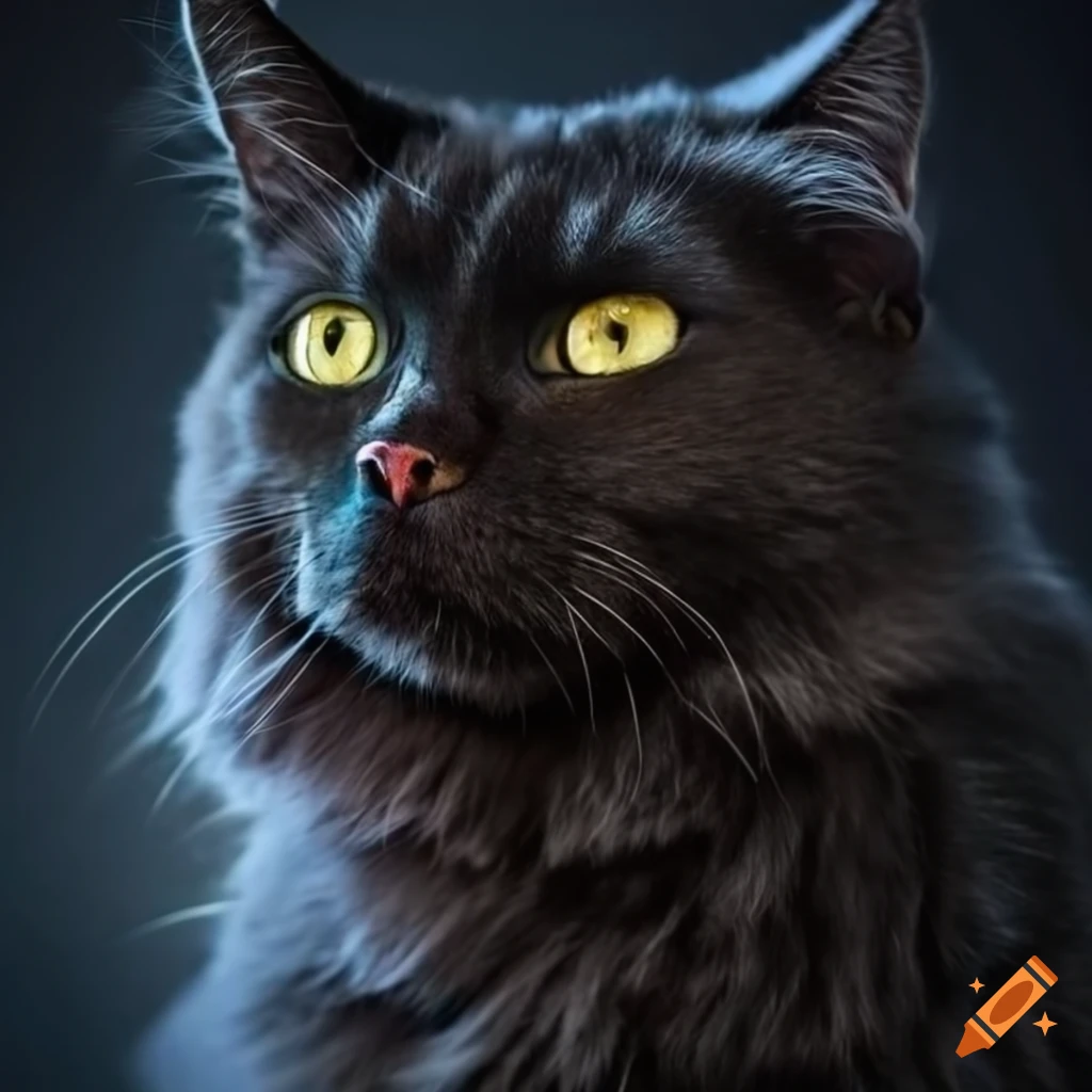 A fluffy dark cat with iridescent fur