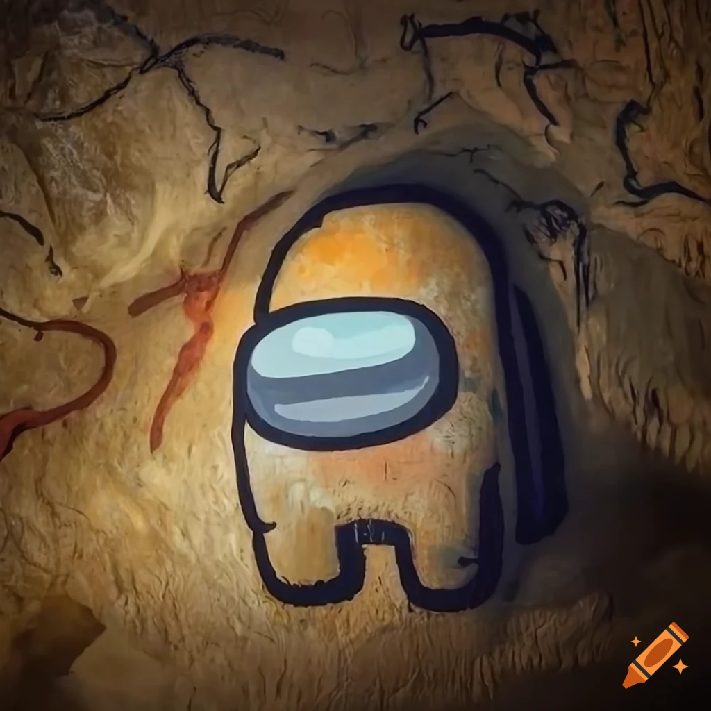 Cave painting of a among us character in a dim cave