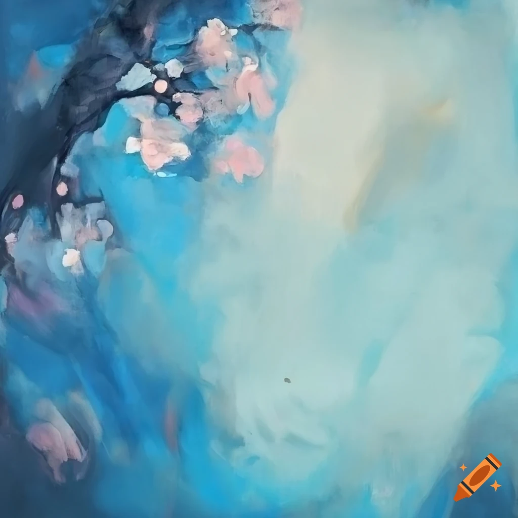 Abstract cherry blossom painting with grey and blue tones on pastel ...