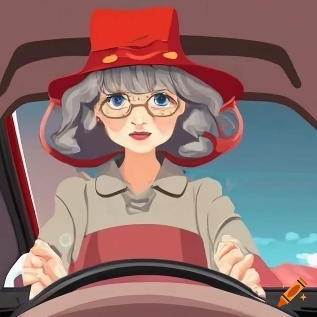 Old woman wearing a red hat driving her car