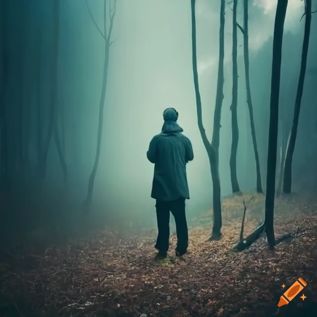 A man standing behind a window looking outside to the forest and fog on
