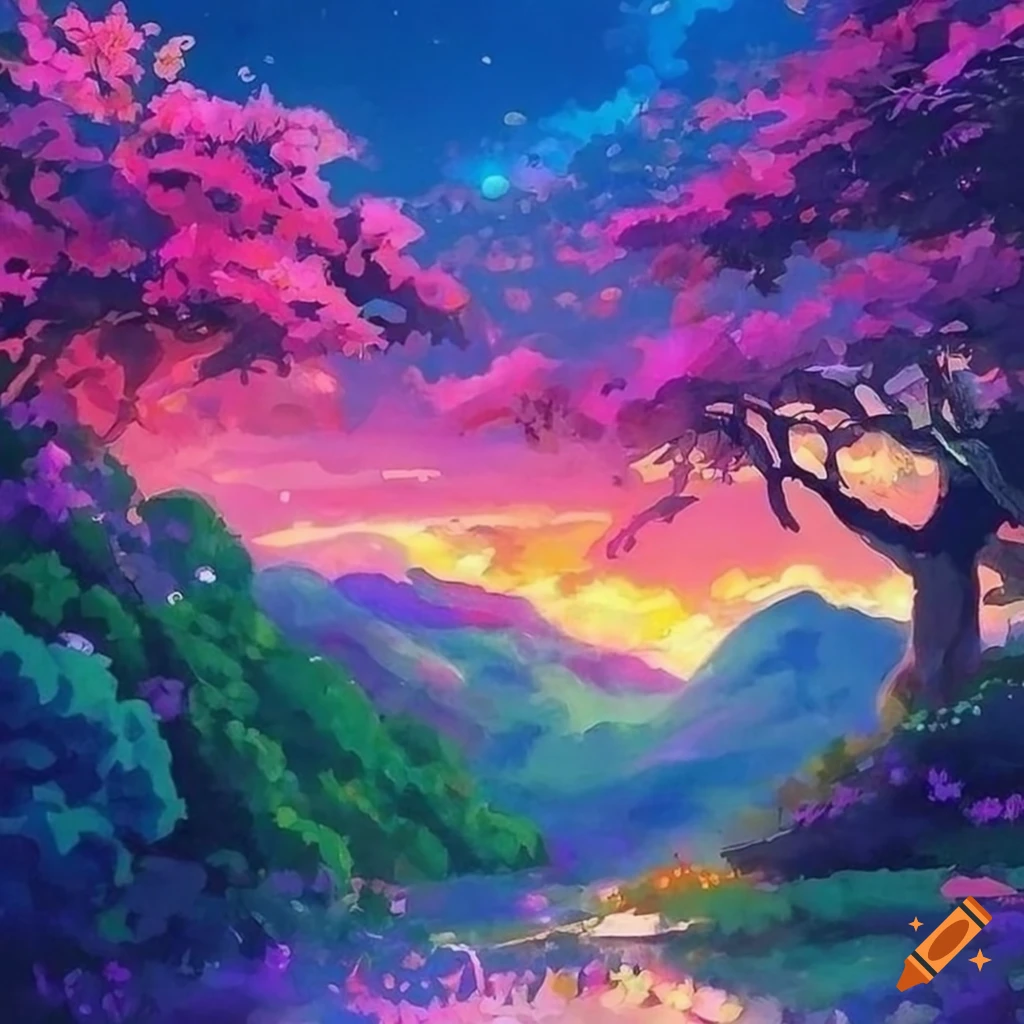 A beautiful colorful anime studio ghibli landscape, warm lighting 💫 💖