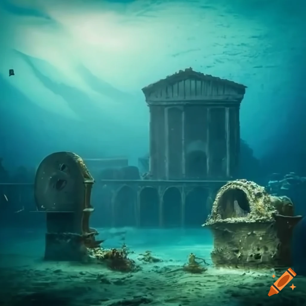 Underwater scene with roman ruins, plane wreckage and marine life on ...