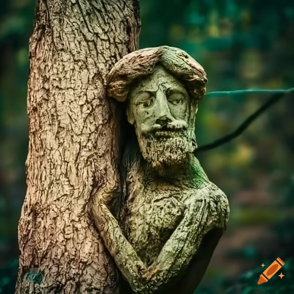 An ancient partly broken statue of tree with an androgynous man partly