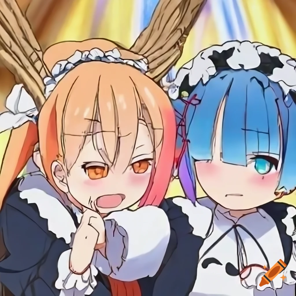 Image where the character rem from the anime re zero is taking a selfie  with the character tohru from the anime kobayashi san on Craiyon