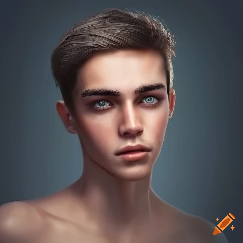 Photorealistic portrait of a handsome young man with sharp features ...