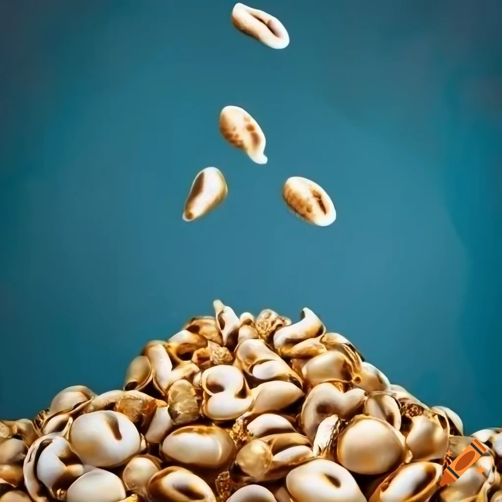 Falling gold cowrie shells into a huge pile on peacock blue background