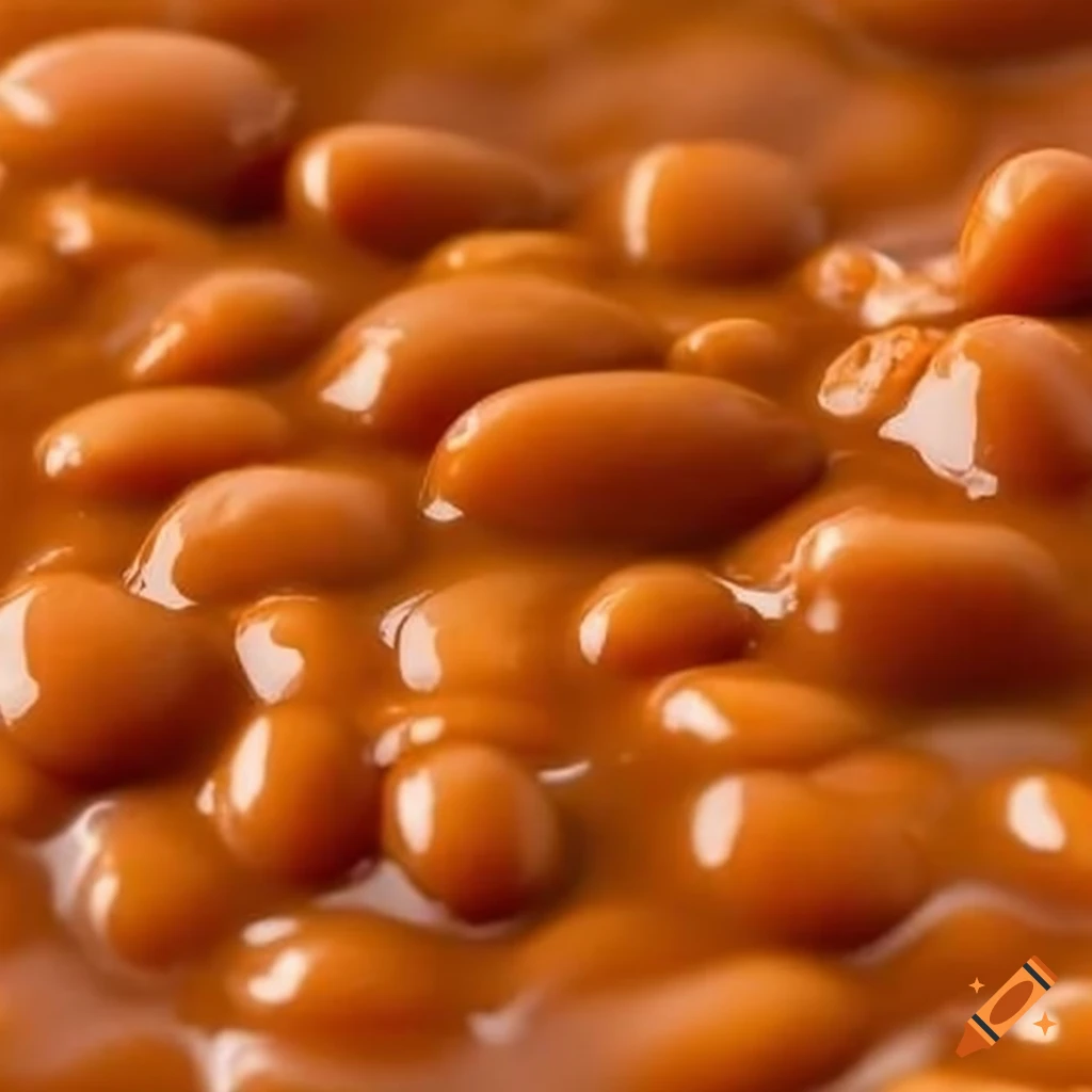 Baked beans with juice flowing off them