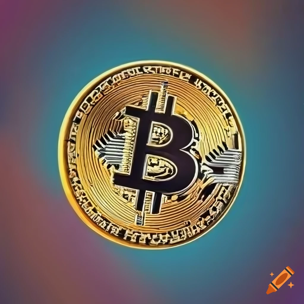 Moneda color platino, con símbolo de bitcoin al centro, rodeada de fondo de  colores primarios on Craiyon