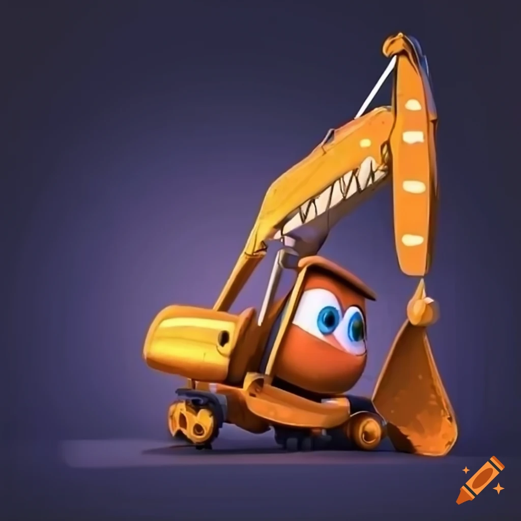 A happy old excavator smiling in the style of pixar movie cars 3d, cartoon  with big eyes and a happy face on Craiyon