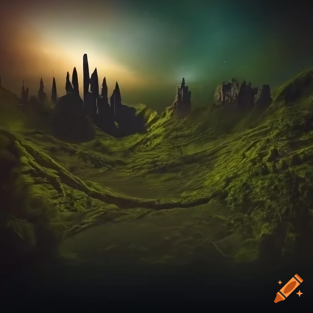 Landscape photo of an ancient abandoned alien planet with abandoned ...