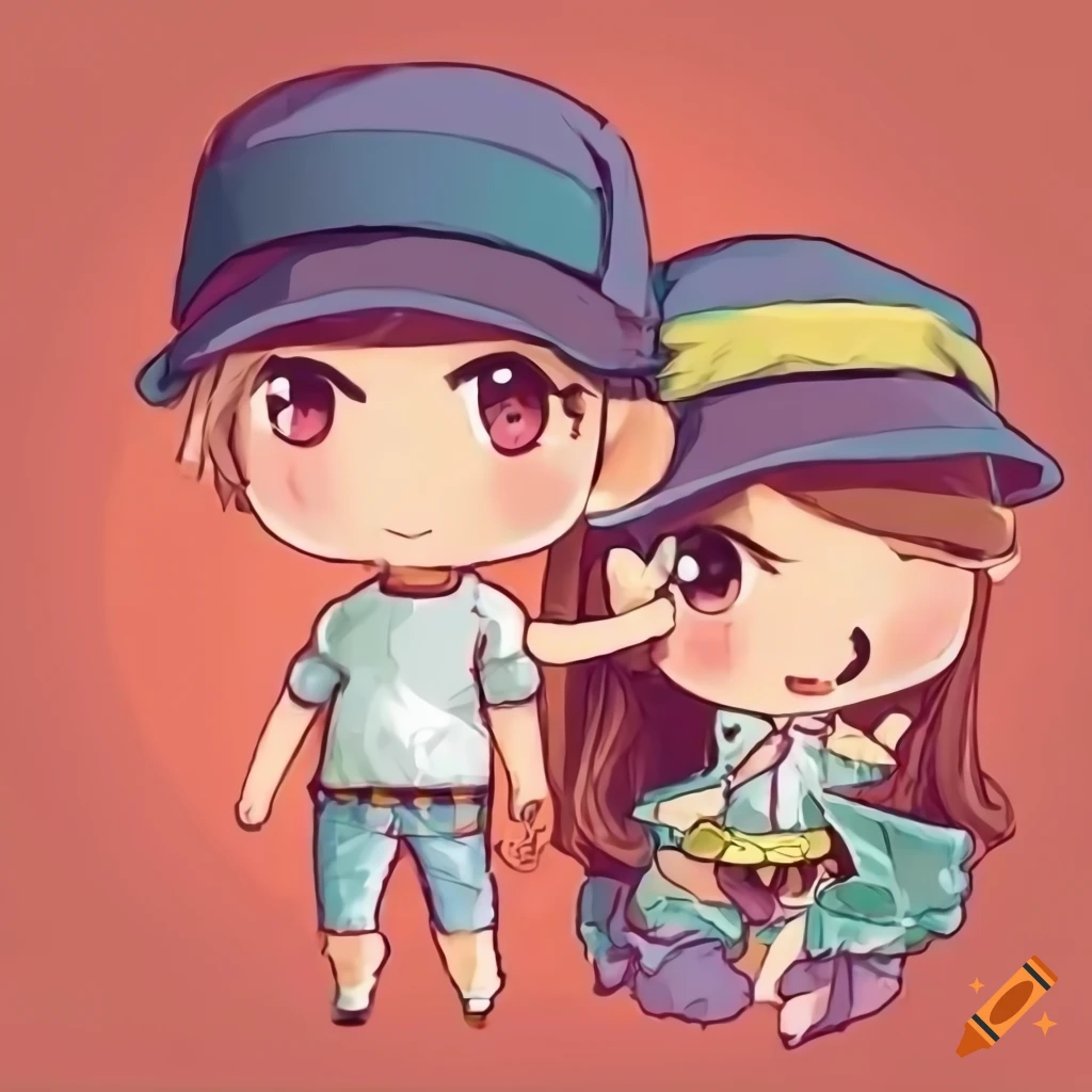 cute chibi couple holding hands