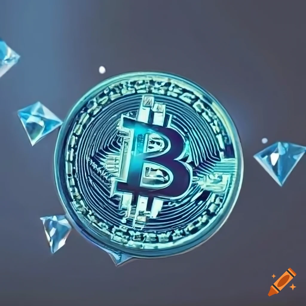 Bitcoin logo coin, diamond blue color, with diamonds falling from the sky  on Craiyon