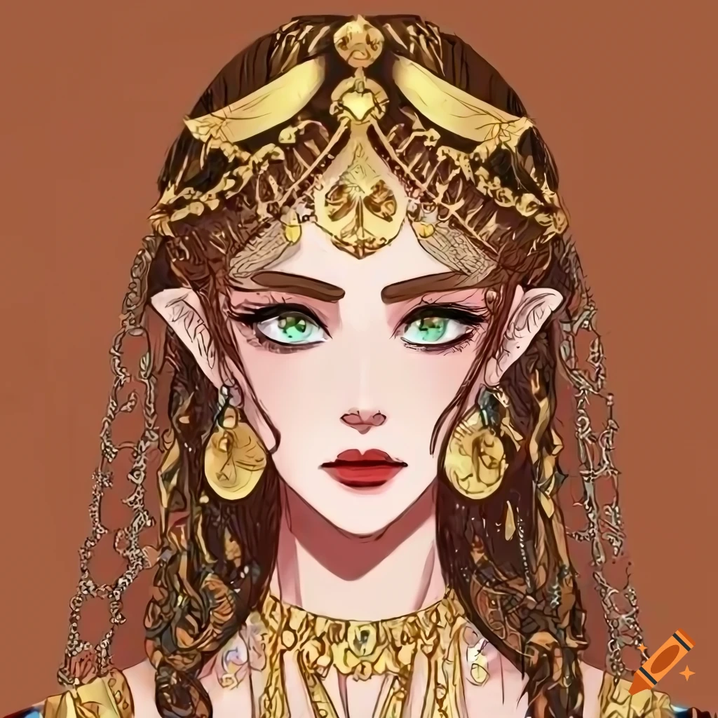 Manhwa style drawing of a greek goddess with brown hair and white eyes  wearing a traditional dress and golden jewelry