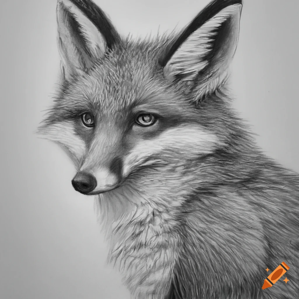 A fox in the woods, realistic pencil drawing