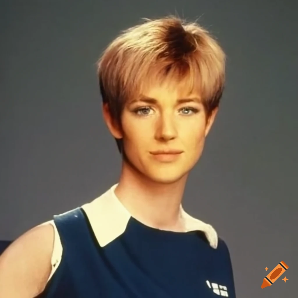 Crystal bernard , circa 1991, with a very short pixie haircut with
