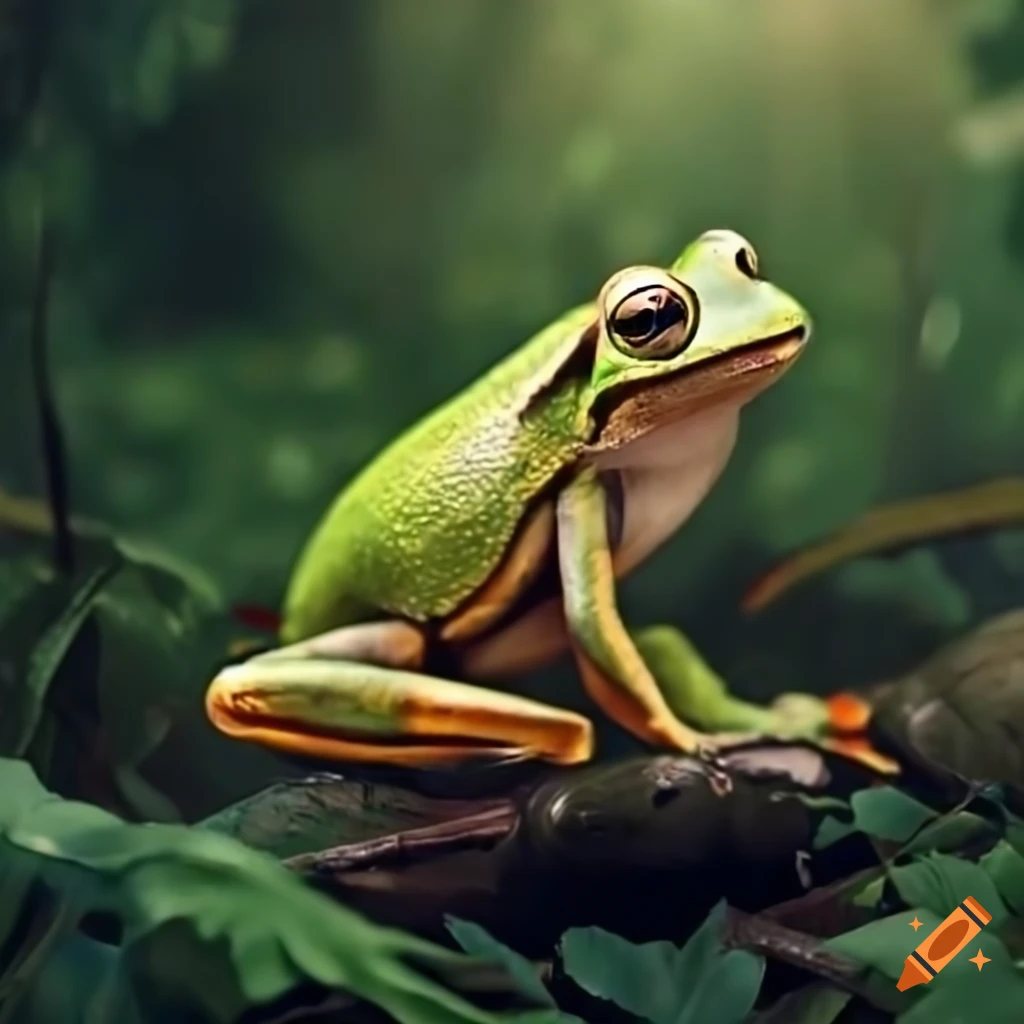 A hyper realistic image of frog in rainy forest on Craiyon