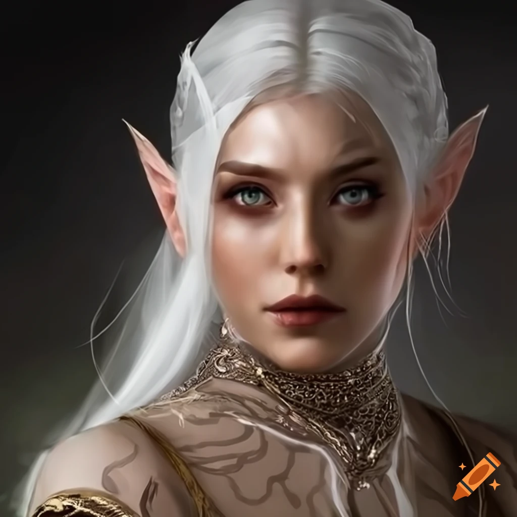 An elven woman with white hair and green eyes and tan skin, photo ...