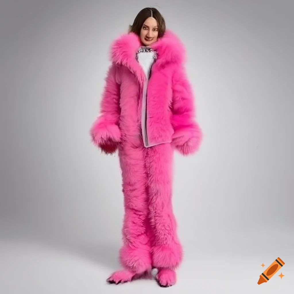 Woman skiing in a fluffy pink fur ski suit on Craiyon