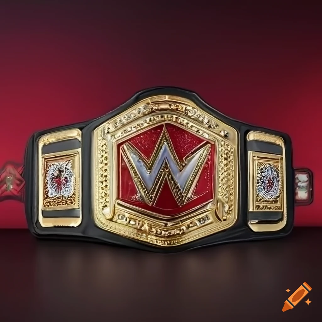 Shiny wrestling championship belt with floral design on it, detailed gold  plates with silver outlines and wwe logo ine the middle on a black strap,  red background on Craiyon