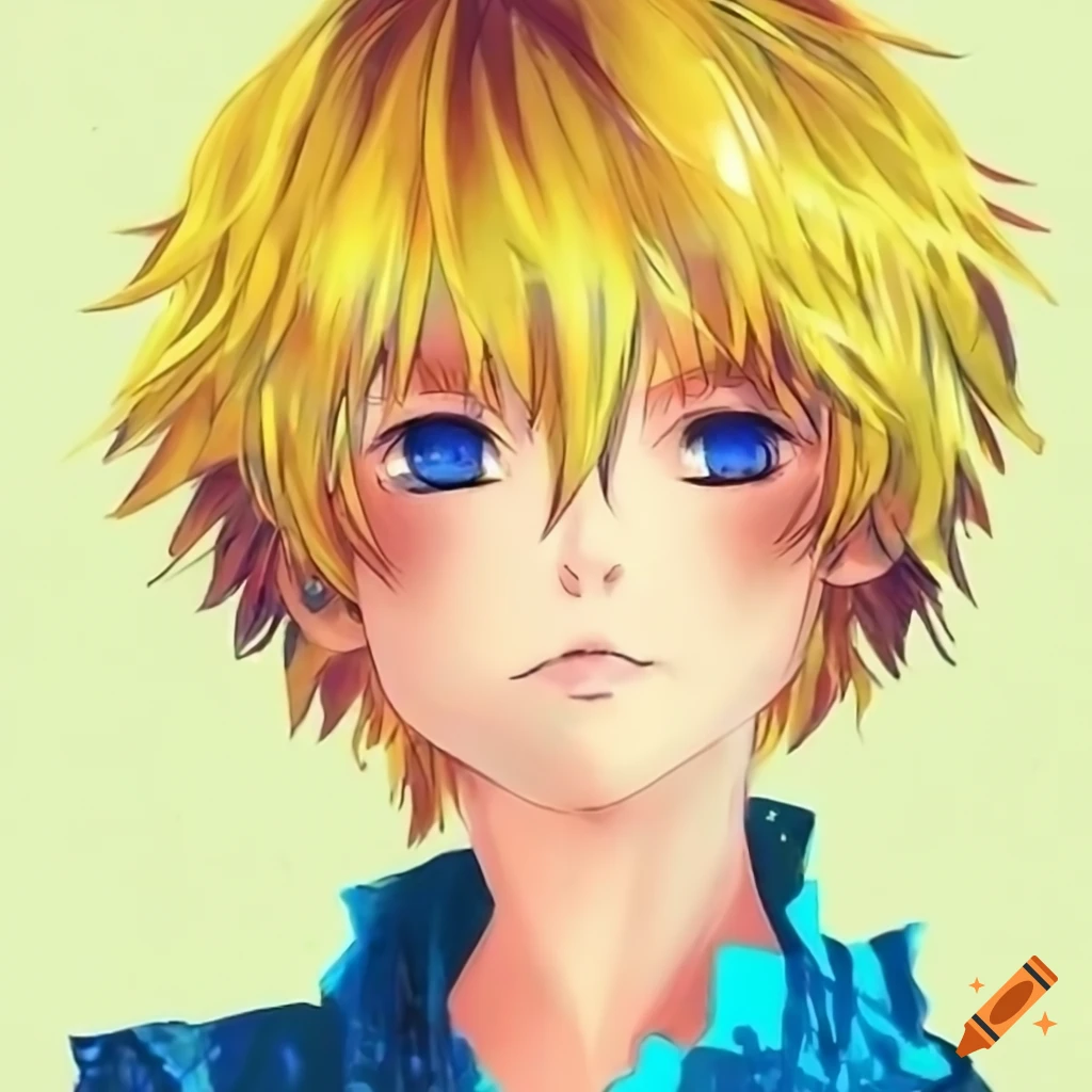 Anime boy, blushing, two different colored eyes, yellow eye, blue