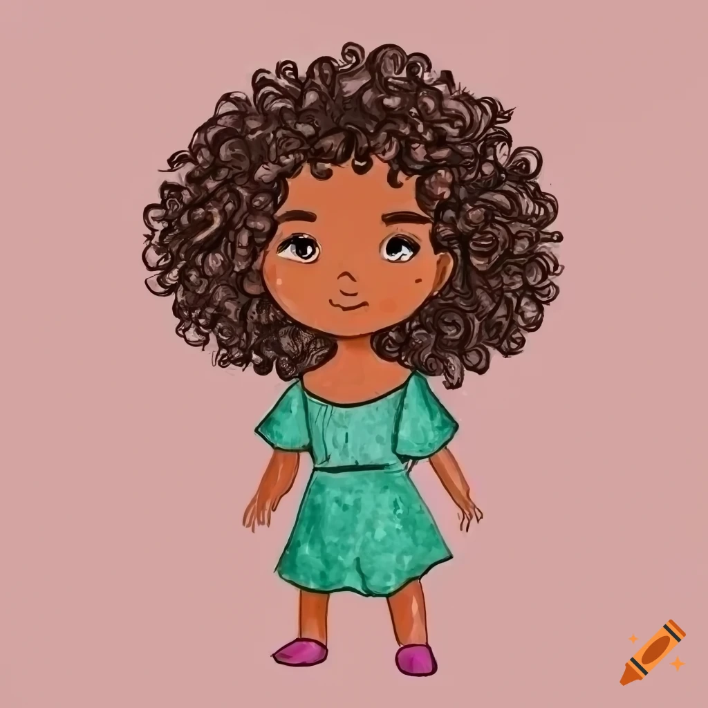 A cartoon drawing a child with dark skin, curly hair, and