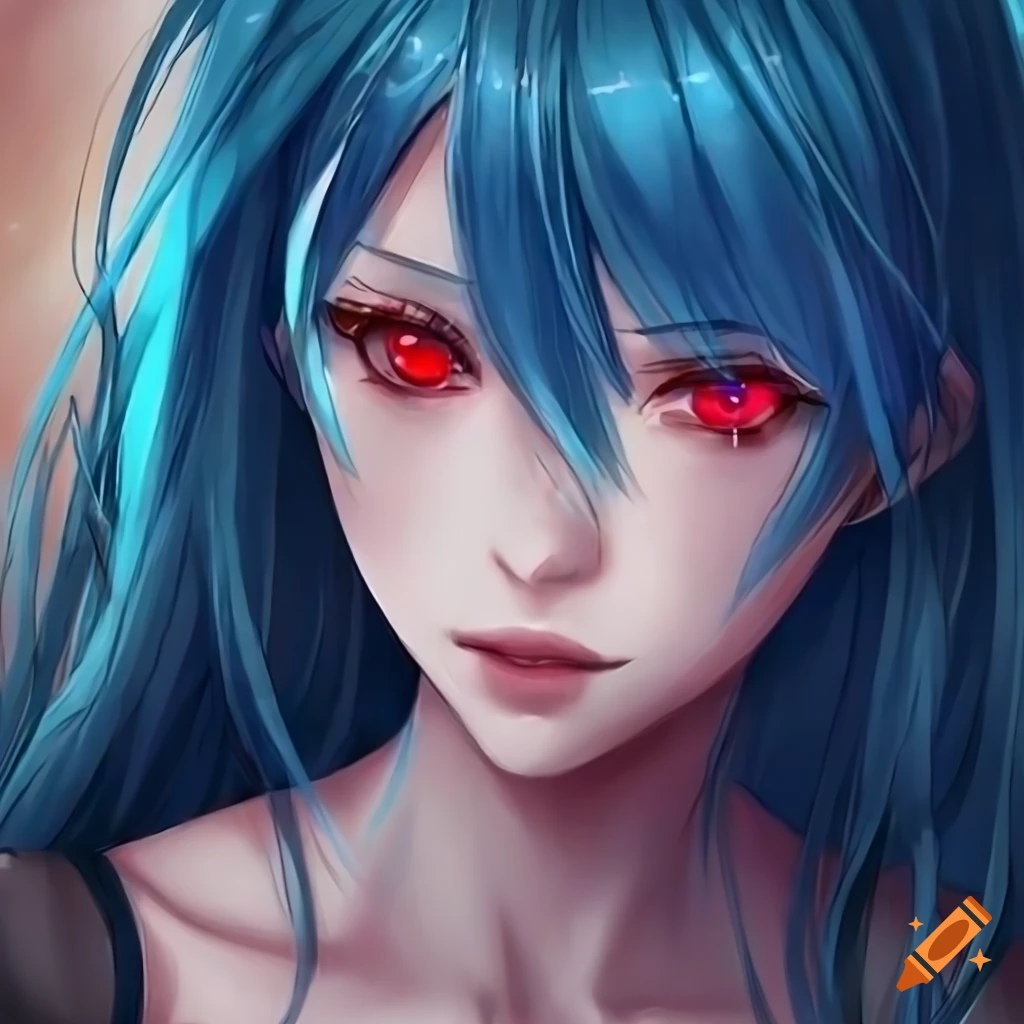 Portrait of an anime woman blue hair red eyes in 4k details