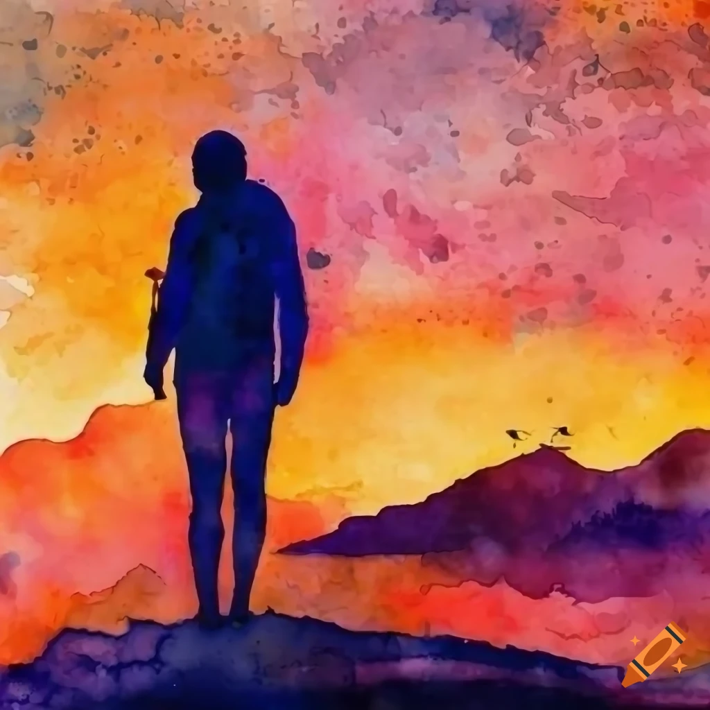 A silhouette of a man and a woman gazing at a distant orange sunset as ...