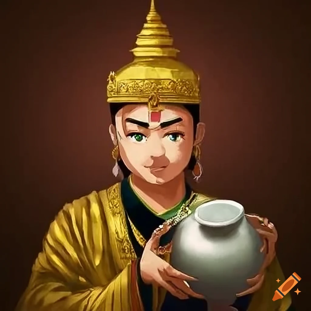 myanmar ancient burmese king is holding a pot