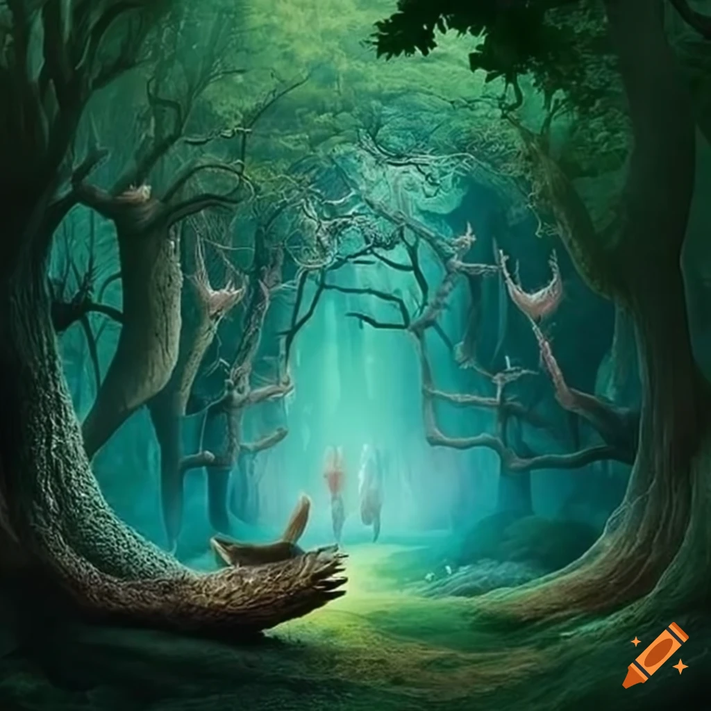 Image depicting an enchanted forest with mystical creatures on Craiyon