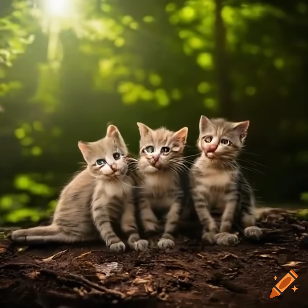 Five kittens playing with frog under the sun in a forest