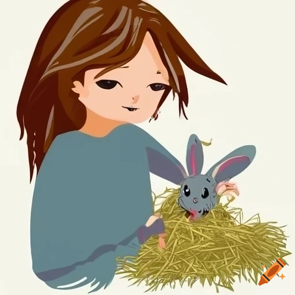 Brown Hair Girl Holding A Fluffy Grey Rabbit Eating Hay brown-hair-girl-holding-a-fluffy-grey-rabbit-eating-hay