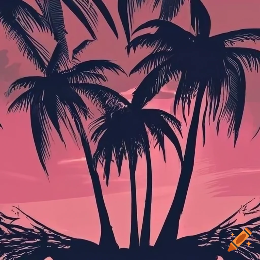 Black palm tree and sunset in retro style