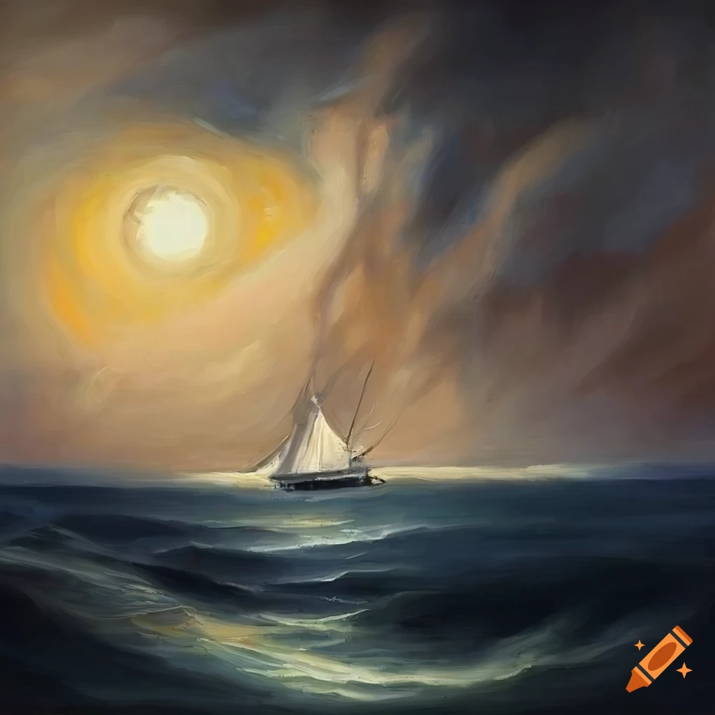 Fantasy Oil painting of lone ship sailing in a sea made of sand dunes ...
