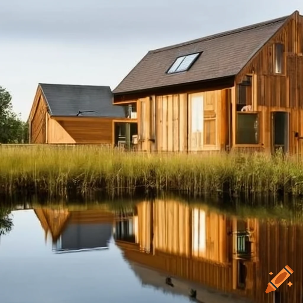 Modern timber houses with balconies on stilts in a british wetland on  Craiyon